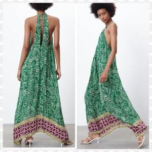 Zara Silky green paisley Scarf printed halter Open Back maxi dress size Medium